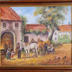 Картина с маслени бои на платно от известен германски художник Georg Bader, 20th century,  „farm with horses“ внос от Нидерландия.