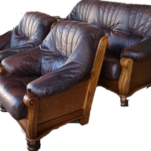 Холова гарнитура диван 3-ка с два броя фотьойли в съчетание от дърво-дъб с естествена кожа внос от Нидерландия.