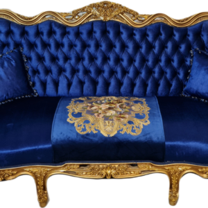 Нова барокова холова гарнитура 3 + 2 + два фотьойла холова маса от син кралски плюж и златен варак.
