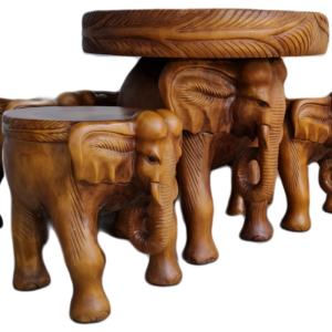 Комплект от маса с четири броя столове с мотив ” Слон ” от масив – махагон, нов внос от Индонезия.