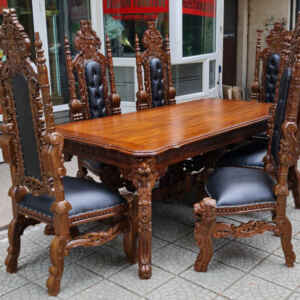 Комплект от трапезна маса с шест броя трапезни стола , махагон-кожа, нова внос от Индонезия.