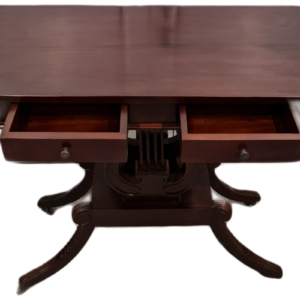 Нова маса под формата на лира с две чекмеджета и 4 бр колелца от махагоново дърво внос от Индонезия.